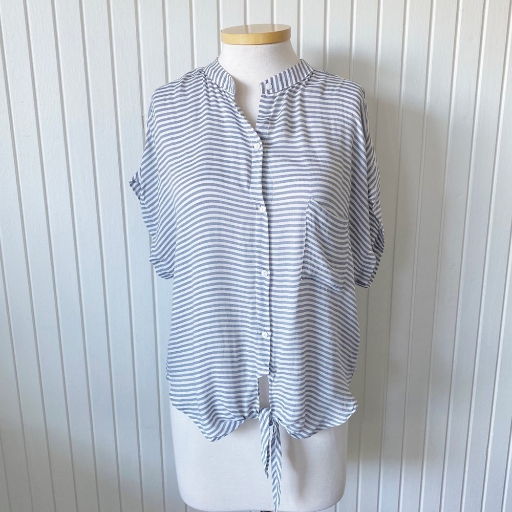 Olivaceous Blue & White Striped Cap Sleeve Button Down Shirt Top Size Large